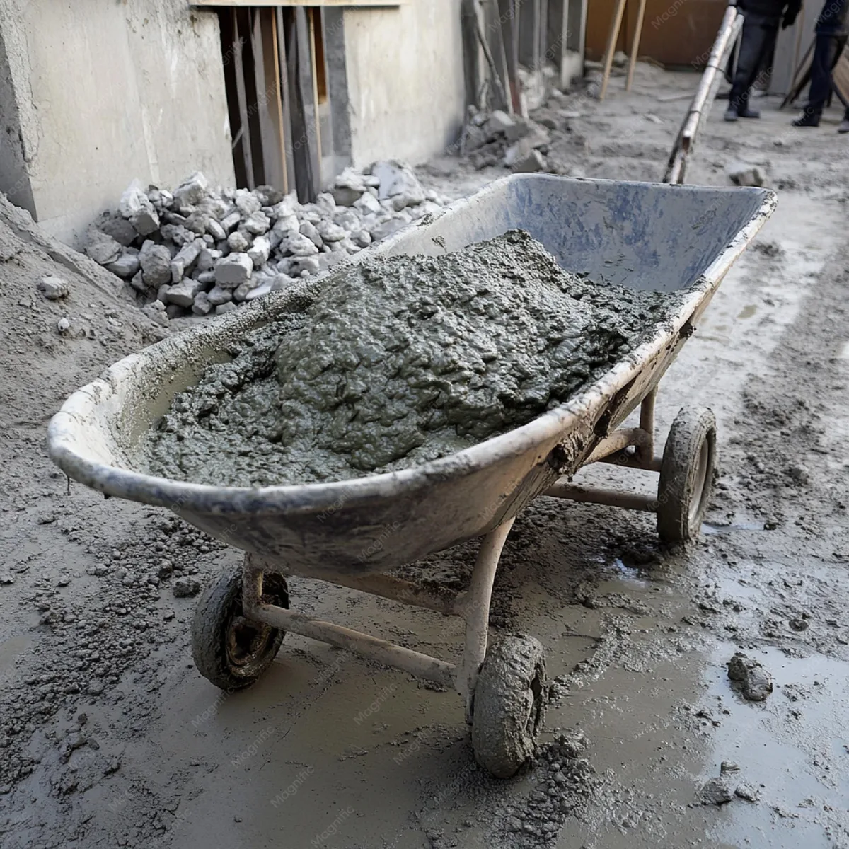 dried concrete in wheelbarrow